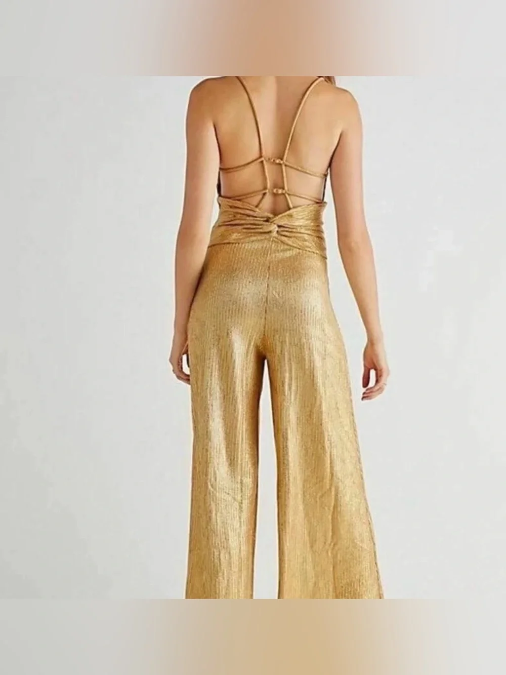 Free People Metallic Gold Wide-Leg Jumpsuit with Waist Tie